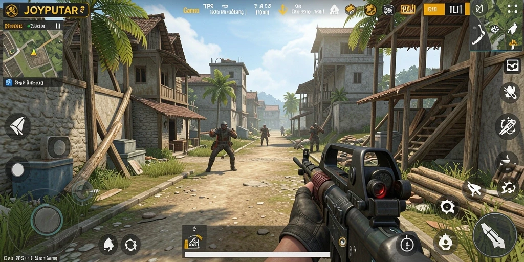 Screenshot gameplay TPS JOYPUTAR menampilkan aksi mendebarkan di medan perang.