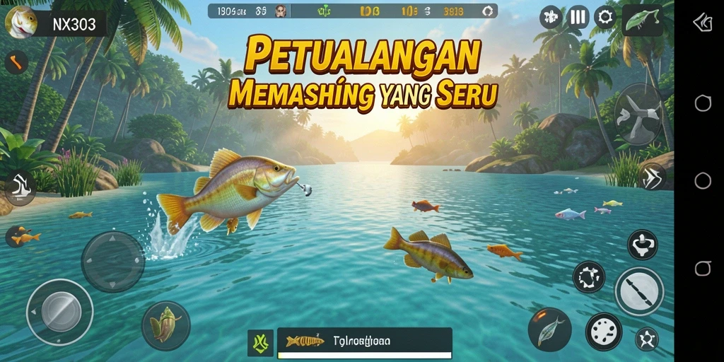 Screenshot gameplay NX303 menampilkan aksi memancing yang mendebarkan.
